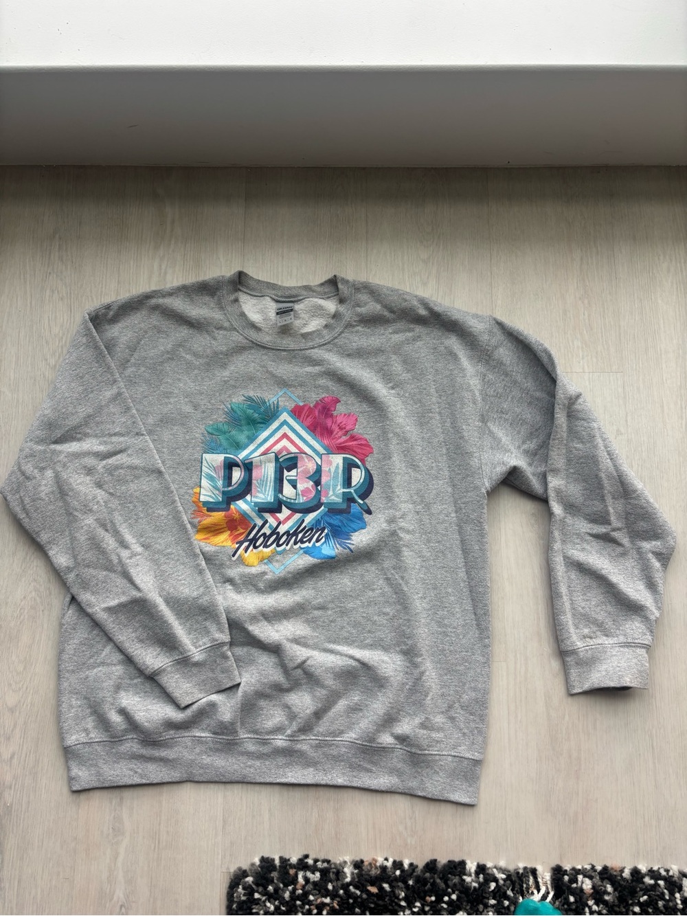 Hoboken Pier 13 Gildan Grey Crewneck Sweatshirt with Multicolor Graphic